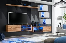 Meuble TV mural Volleberg 59 | Chêne Wotan & Blanc | 150 x 250 x 40 cm | Push-to-open
