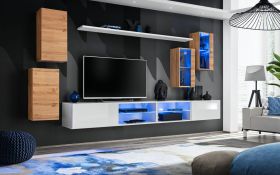 Meuble mural salon Volleberg 75 | 2 vitrines suspendues | Chêne Wotan / Blanc | 150 x 280 x 40 cm | Éclairage LED bleu