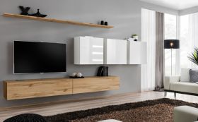 Mur de salon simple avec grand espace de rangement Balestrand 107, Couleur : Chêne wotan / Blanc - dimensions : 150 x 340 x 40 cm (h x l x p), avec huit compartiments