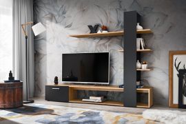 Mur de salon Kinn 02, Couleur : Chêne Wotan / Noir brillant - Dimensions : 152 x 190 x 35 cm (H x L x P), avec une porte basculante