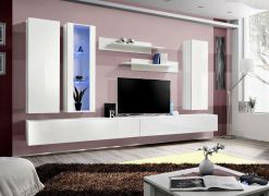 Elégant mur de salon Hompland 54, Couleur : Blanc - Dimensions : 170 x 320 x 40 cm (h x l x p), avec une vitrine suspendue