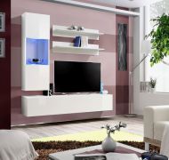Meuble mural salon Hompland 82 blanc | 170 x 160 x 40 cm | Push-to-open & LED bleue