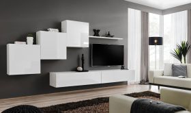 Mur TV Balestrand 145 | Blanc | 150 x 330 x 40 cm | 10 compartiments | Design moderne
