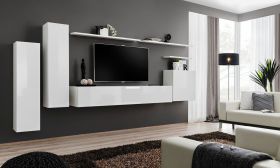Mur de salon Balestrand 01, Couleur : Blanc - dimensions : 160 x 330 x 40 cm (h x l x p), avec fonction push-to-open