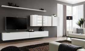Exceptionnel mur de salon Balestrand 97, Couleur : Blanc - dimensions : 150 x 340 x 40 cm (h x l x p), avec cinq portes