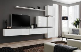 Meuble TV mural Balestrand 129 | Design moderne blanc | 200 x 310 x 40 cm | 6 compartiments