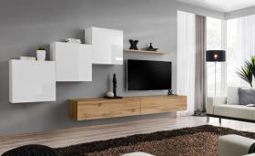 Mur de salon Balestrand 156, Couleur : Blanc / Chêne Wotan - dimensions : 150 x 330 x 40 cm (h x l x p), avec cinq portes et 10 compartiments