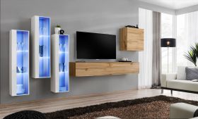Elégant mur de salon Balestrand 204, Couleur : Blanc / Chêne Wotan - dimensions : 160 x 330 x 40 cm (h x l x p), avec fonction push-to-open