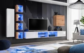 Meuble mural salon Volleberg 92 | Blanc & Chêne Wotan | 150 x 280 x 40 cm | 8 portes élégantes