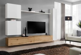 Mur de salon avec grand espace de rangement Balestrand 124, Couleur : Blanc / Chêne wotan - dimensions : 180 x 280 x 40 cm (h x l x p), avec cinq portes