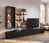 Meuble-paroi / 3 mètres de long / Couleur : Noir / Chêne Vicking / Face striée / Éclairage LED intégré inclus / 1 vitrine / 2 étagères murales / 300 x 45 x 160 cm