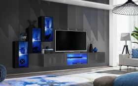 Meuble mural salon avec trois vitrines suspendues Volleberg 26 | Noir / Gris | 120 x 210 x 40 cm | 5 portes
