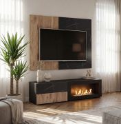 Meuble TV avec panneau mural / Couleur : Chêne Vicking / Marbre Noir / Cheminée au bioéthanol / 3 tiroirs / Fonction Push-to-open / 160 x 45 x 120 / 42 cm