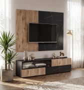 Meuble TV avec panneau mural / Couleur : Chêne Vicking / Marbre Noir / Face striée / 3 tiroirs / Fonction Push-to-open / 160 x 45 x 120 / 42 cm