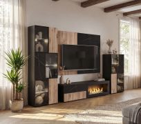 Meuble-paroi / Couleur : Chêne Vicking / Marbre Noir / Cheminée au bioéthanol / Eclairage LED inclus / 280 x 45 x 182 cm / 2 vitrines / 1 meuble TV bas / 1 panneau mural