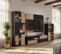 Meuble-paroi / Couleur : Chêne Vicking / Marbre Noir / Cheminée au bioéthanol / Fonction push-to-open / 280 x 45 x 182 cm / 2 vitrines / 1 meuble TV bas / 1 panneau mural