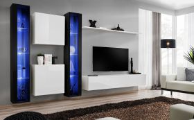 Meuble TV mural design Balestrand 246 | Noir/Blanc | 180 x 330 x 40 cm | LED intégrée