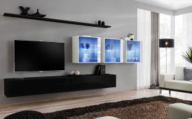 Meuble mural Balestrand 262 | Noir & Blanc brillant | 150 x 340 x 40 cm | Grand espace de rangement