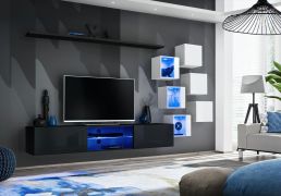 Meuble mural moderne Volleberg 06 | Push-to-open | Noir/Blanc | LED bleue | 140 x 260 x 40 cm