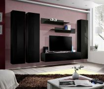 Meuble TV mural Hompland 24 noir | 170 x 260 x 40 cm | Grand espace de rangement | Design moderne