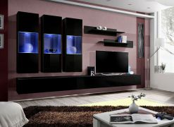 Meuble mural salon Hompland 48 noir | LED bleue | Push-to-open | 170 x 320 x 40 cm | Rangement spacieux