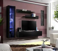 Meuble mural salon Hompland 68 noir | LED bleues | 170 x 210 x 40 cm | Vitrine suspendue
