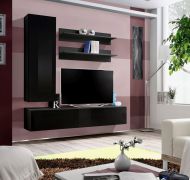 Mur de salon suspendu Hompland 76, Couleur : Noir - Dimensions : 170 x 160 x 40 cm (h x l x p), avec fonction push-to-open