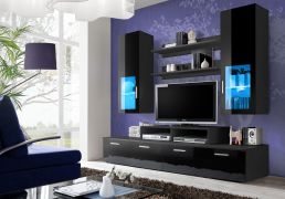 Mur de salon Noir Bjordal 59, Couleur : Noir brillant - Dimensions : 190 x 200 x 45 cm (H x L x P), avec grand espace de rangement