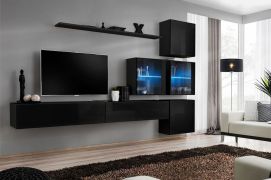 Mur TV design épuré Balestrand 290 | Noir | 200 x 310 x 40 cm | Grand espace de rangement