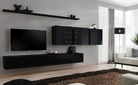 Meuble TV mural Balestrand 98 noir | 150 x 340 x 40 cm | 8 compartiments | Design moderne