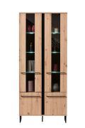 Vitrine haute style industriel Crina 01 | 2 portes vitrées | Chêne Artisan / Noir | 193,5 x 84,5 x 35 cm | 10 compartiments