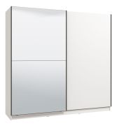 Armoire à portes coulissantes Bogati 02 | Une porte miroir | 2 tringles | Blanc / Blanc brillant | 210 x 217 x 62,5 cm