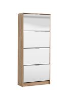 Armoire à chaussures avec quatre portes basculantes Gradide 09, Couleur : Chêne de Sonoma, façade miroir, huit compartiments, chants ABS, dimensions : 155,5 x 67 x 28 cm, pour le hall d'entrée