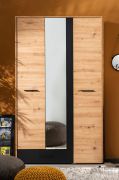 Armoire avec un tiroir Brus 16, Couleur : Chêne Artisan / Noir, une porte miroir, une tringle à vêtements, dimensions : 203,5 x 119 x 53 cm, six compartiments