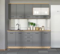 Ligne de cuisine sobre / Bloc de cuisine Banat 16, Couleur : Chêne Artisan / Gris graphite, chants ABS, 2 mètres de large, une armoire suspendue avec portes vitrées