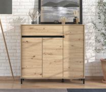 Armoire à chaussures / 3 portes battantes / Couleur : Chêne Artisan / Bords ABS / 1 tiroir / 8 compartiments / Dimensions : 118,5 x 40 x 109,5 cm / Pour l'entrée