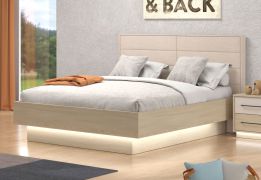 Lit double / Rembourrage de tête de lit / Couleur : Chêne light Port / Beige / Chants ABS / Surface de couchage : 160 x 200 cm / Pieds cachés