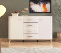 Commode / 4 tiroirs / Couleur : Cachemire / 2 portes battantes / Buffet / Dimensions : 154 x 40 x 90,5 cm / Poignées & Pieds : Chêne Artisan / 4 compartiments / Chants ABS