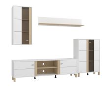 Meuble-paroi / 2 vitrines / Couleur : Blanc opaque / Chêne clair / 1 meuble TV bas / 1 tablette murale / Dimensions : 260 x 40 x 183 cm / verre teinté / 2 passages de câbles