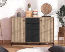Commode / 4 tiroirs / Couleur : Chêne Artisan / Noir / 2 portes battantes / Bords ABS / 4 compartiments / Dimensions : 138 x 40 x 90 cm / Buffet / Pour le salon