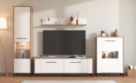 Meuble-paroi / 2 vitrines / Couleur : Chêne Artisan / Blanc Opaque / 1 meuble TV bas / 1 tablette murale / Dimensions : 299 x 40 x 192,5 cm