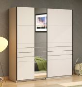 Armoire à portes coulissantes / Couleur : Cachemire / 1 porte miroir / Dimensions : 195 x 61 x 217,5 cm / 2 tringles à vêtements / Penderie / 2 compartiments / Chants ABS