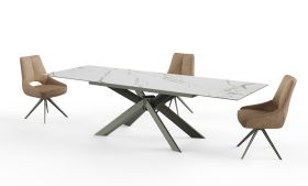 Table de salle à manger à ralonge Isome 01, Couleur : Blanc avec marbre, Plateau : combinaison de verre trempé et de céramique, Dimensions : 180-260 x 95 cm (L x l)