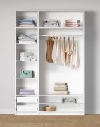 Armoire ouverte / 2 tringles à vêtements / Couleur : Blanc / 8 compartiments / 2 tiroirs intérieurs / Dimensions : 154 x 55 x 234 cm / 5 étagères en bois / Pour dressing-room