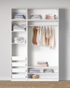 Armoire ouverte / 4 tiroirs intérieurs / Couleur : Blanc / 7 compartiments / 1 tringle à vêtements / Dimensions : 154 x 55 x 234 cm / Design universel / 4 étagères en bois
