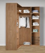 Armoire d'angle ouverte / 2 paniers à linge / Couleur : Chêne Puccini / 1 tringle à vêtements / 7 étagères en bois / Dimensions : 108,5 x 55 x 234 cm / 11 compartiments / Design universel