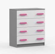 Commode enfant 80 cm large | Blanc / Gris | Smolikas 10 | Poignées bois roses | 4 tiroirs spacieux | 90 x 80 x 40 cm
