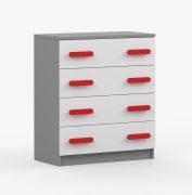 Commode Smolikas 13 | 80 cm de large | Blanc / Gris | 4 tiroirs spacieux | Poignées bois rouges | 90 x 80 x 40 cm | Enfant & Jeunesse
