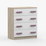 Commode 80 cm large | Blanc & chêne Sonoma | Poignées violettes en bois | Smolikas 06 | 4 tiroirs | 90 x 80 x 40 cm | Enfant & Ado