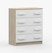 Commode 80 cm de large / 90 x 80 x 40 cm / Blanc / Chêne de Sonoma / Smolikas 09 / 4 tiroirs / Poignées en bois blanc / Bicolore / Enfants / Jeunes